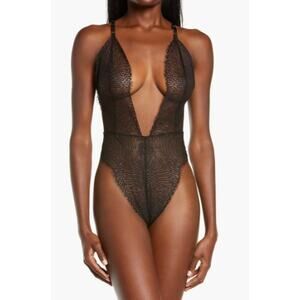 SUZY BLACK Martine Bodysuit Lingerie Large Black Lace Open Back Plunge Neck NWOT